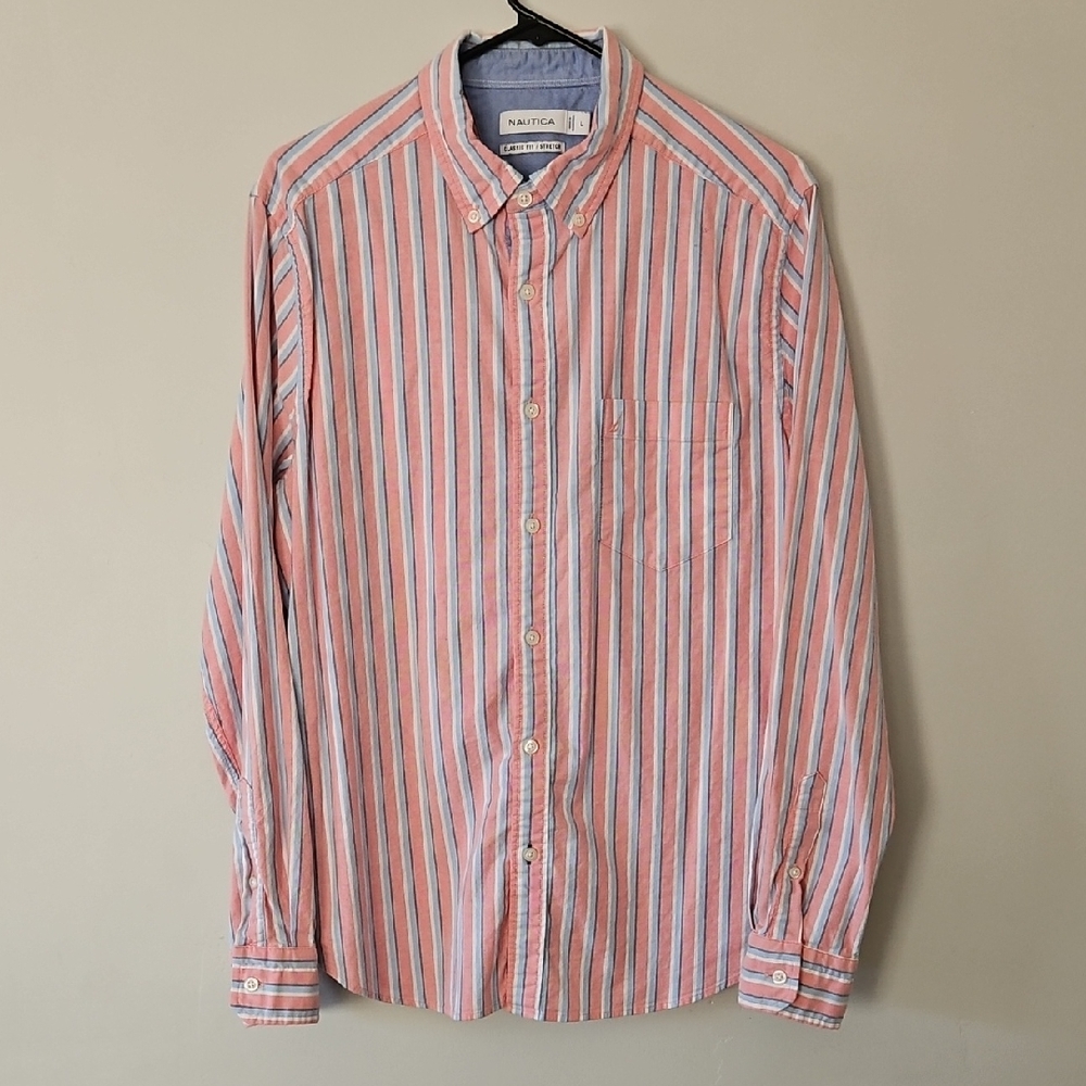Nautica Men's Casual Pink and Blue/White Striped Shirt